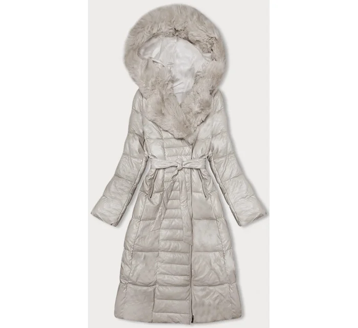 Péřový kabát z eko kůže v barvě ecru s kožešinou Ann Gissy (AG9-9003)