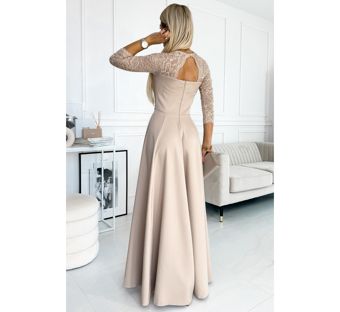 Elegantní dlouhé šaty s krajkovým výstřihem Numoco AMBER - béžové