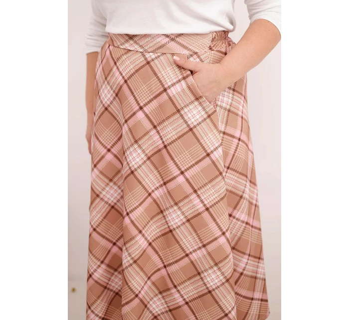 Dámská sukně Plus Size v kostkovaném vzoru s širokým lemem camelová