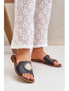 Kožené Pantofle S Dekorací Na Plochém Podpatku Zazoo model 21682278 Černé - Boto