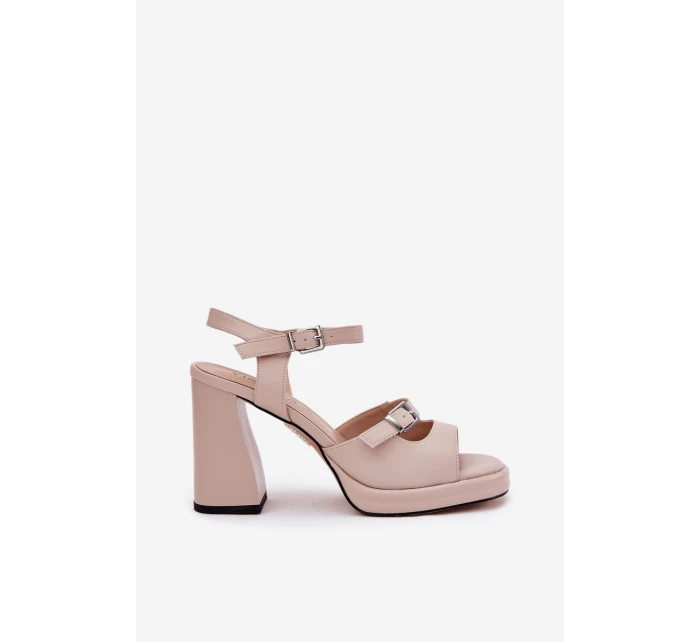 Dámské Kožené Sandály Na Podpatku model 21695156 Béžové - VINCEZA