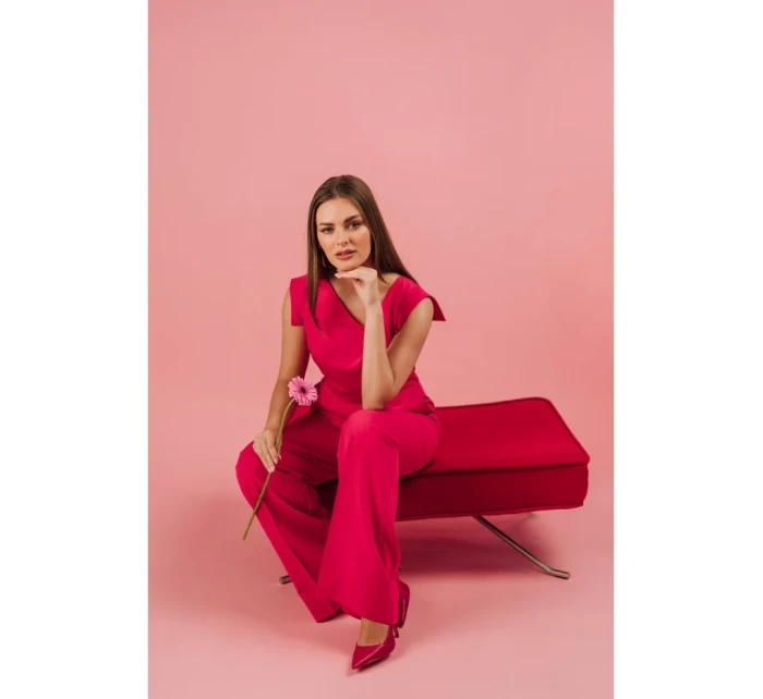 S407 Elegantní overal s asymetrickým výstřihem - růžový