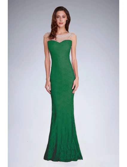 Dámské společenské šaty  s perličkami a krajkou dlouhé zelené Zelená & model 15042517 - SOKY&#38;SOKA