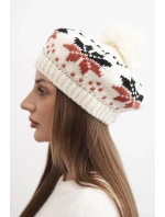 Dámská zimní čepice z vlny s motivem sněhových vloček a pomponem K457 ecru