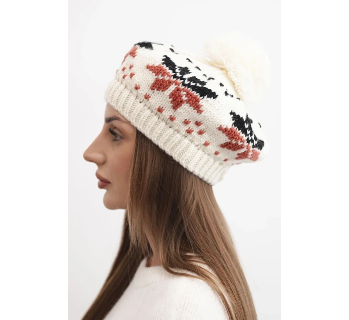 Dámská zimní čepice z vlny s motivem sněhových vloček a pomponem K457 ecru