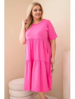 Dámské bavlněné plus size šaty s krátkým rukávem a volánem růžová