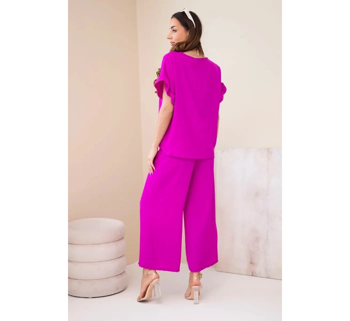 Dámský viskózový komplet s halenkou s potiskem a kalhotami tmavě fialová