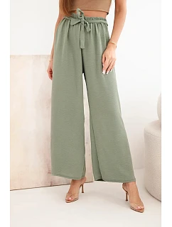 Kalhoty se širokým pasem a vázáním v pase světle khaki