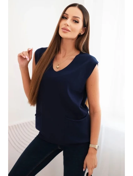 Dámský viskózový svetr bez rukávů s kapsami a výstřihem do V modrý Dámský viskózový svetr bez rukávů s kapsami a výstřihem do V modrý