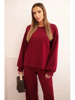 Dámská bavlněná souprava se širokými nohavicemi a mikinou s dlouhým rukávem bordó