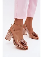 Průhledné sandály na podpatku s krystaly model 22133634 Růžové Zlaté - D&A