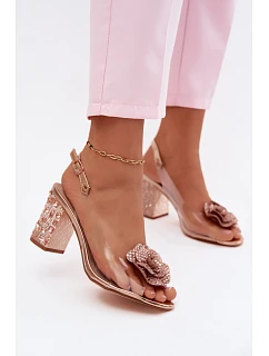 Průhledné sandály na podpatku s krystaly model 22133634 Růžové Zlaté - D&A