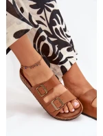 Dámské pantofle na korkové platformě s přezkami – camel Dámské pantofle na korkové platformě s přezkami – camel