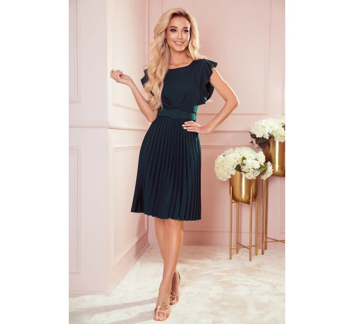 Dámské plisované šaty v lahvově zelené barvě s opaskem model 21371192 - numoco