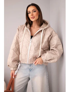 Dámská prošívaná bunda s kapucí a ozdobným květinovým ražením tmavě béžová