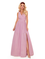 JUSTINE - Dlouhé dámské šaty v pudrově růžové barvě s výstřihem a zavazováním 362-3