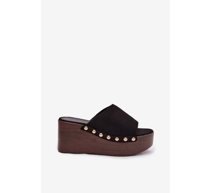 Dámské nazouváky na platformě se zlatými přezkami Eko semiš Černé Helivina