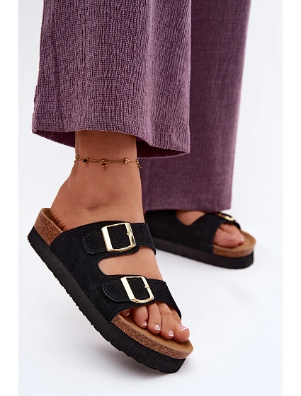 Kožené semišové dámské sandály na platformě s přezkami model 22130435 černé - VINCEZA