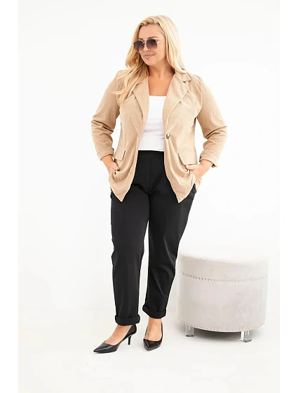 Dámské sako Plus Size manšestrové s klopami a kapsami camelová