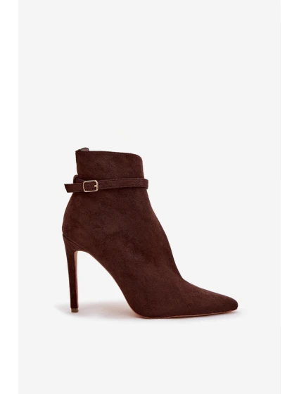 Dámské kotníkové boty na jehlovém podpatku z eko semiše Amalundi – čokoládové Dámské kotníkové boty na jehlovém podpatku z eko semiše Amalundi – čokoládové