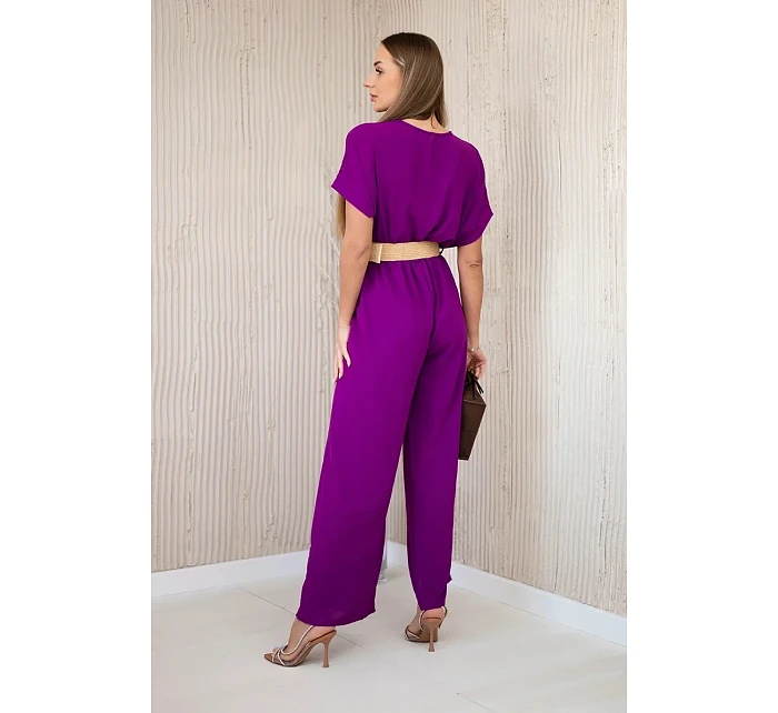 Kombinéza s ozdobným páskem v pase tmavě fialová