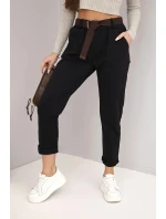Dámské kalhoty bavlněné s páskem a ohrnutým lemem černé