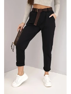 Dámské kalhoty bavlněné s páskem a ohrnutým lemem černé