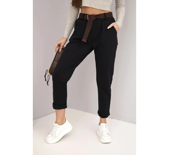 Dámské kalhoty bavlněné s páskem a ohrnutým lemem černé