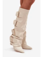 Dámské kozačky na sloupkovém podpatku s ohrnovaným svrškem a zlatými přezkami Isavelle – světle béžové