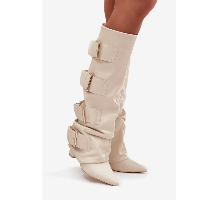 Dámské kozačky na sloupkovém podpatku s ohrnovaným svrškem a zlatými přezkami Isavelle – světle béžové