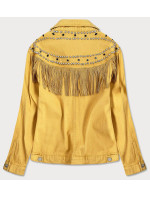 Žlutá dámská džínová bunda s ozdobnými kamínky a třásněmi (A8306)