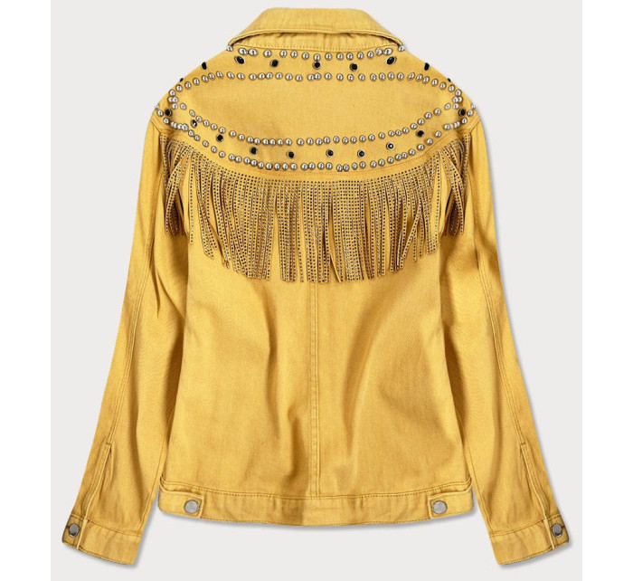 Žlutá dámská džínová bunda s ozdobnými kamínky a třásněmi (A8306)