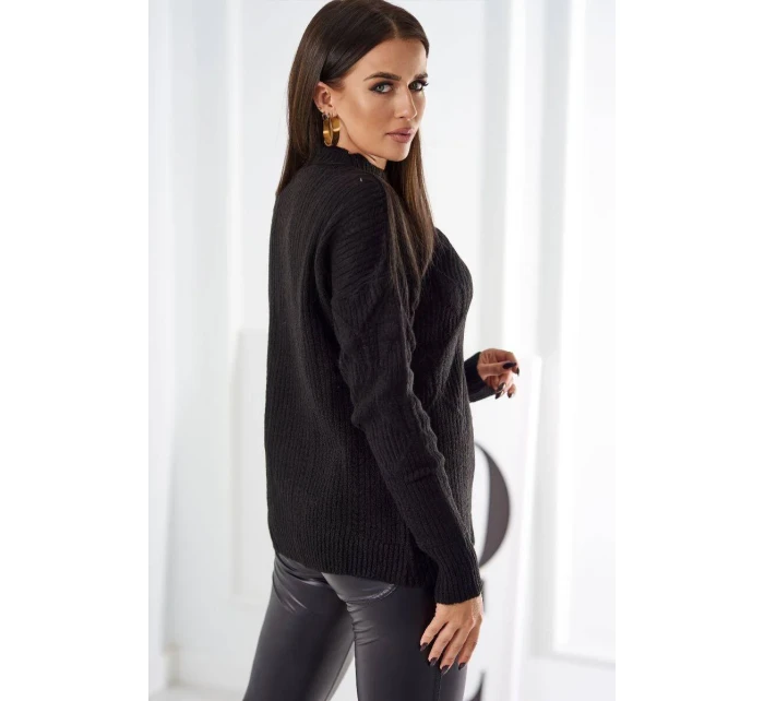 Svetr model 18970335 přes hlavu s módní vazbou černý - K-Fashion Svetr model 18970335 přes hlavu s módní vazbou černý - K-Fashion