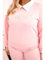 Dámský komplet máslo Plus Size se širokými nohavicemi a límečkem světle růžový