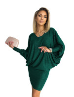 Dámské netopýří šaty v lahvově zelené barvě s výstřihem a s brokátem 402-2