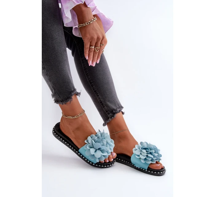 Dámské pantofle zdobené květinami, modrý cellanen Dámské pantofle zdobené květinami, modrý cellanen