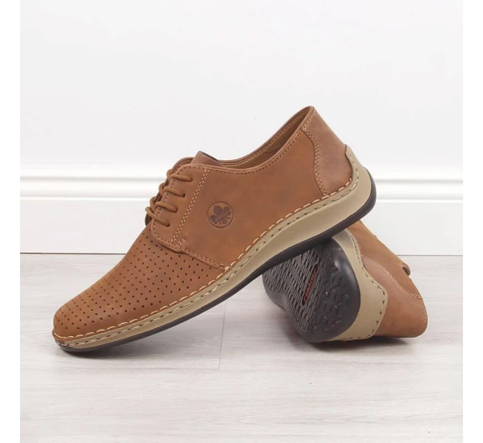 Kožené polobotky Rieker M RKR528 hnědé s ažurovým vzorem