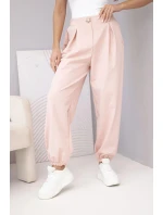Dámské bavlněné kalhoty s vysokým pasem a ozdobným knoflíkem tmavě pudrově růžové