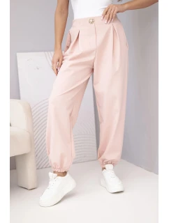 Dámské bavlněné kalhoty s vysokým pasem a ozdobným knoflíkem tmavě pudrově růžové