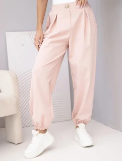 Dámské bavlněné kalhoty s vysokým pasem a ozdobným knoflíkem tmavě pudrově růžové