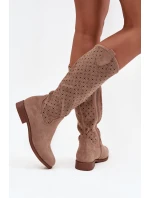 Dámské kozačky na ploché podrážce s vzorem  Béžové model 21713564 - S.Barski