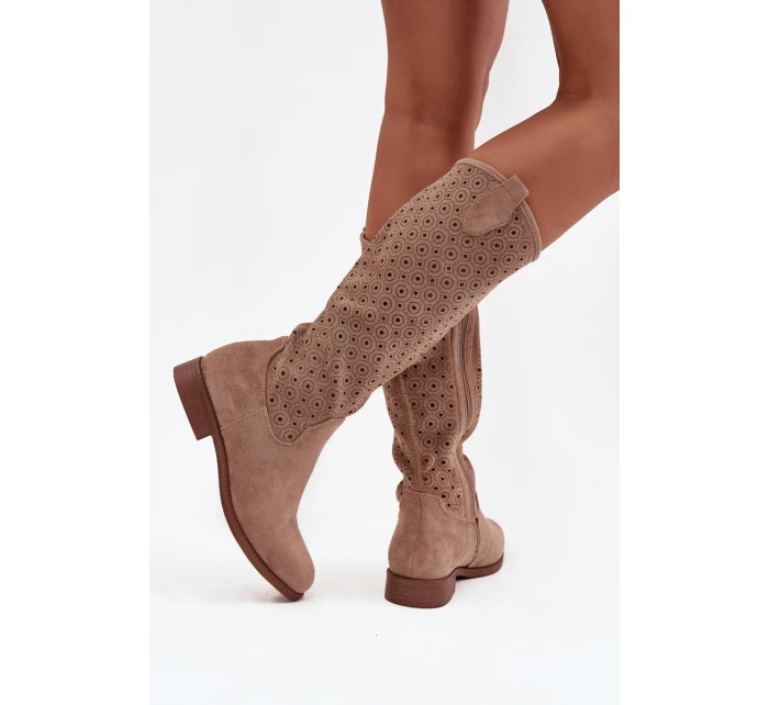 Dámské kozačky na ploché podrážce s vzorem  Béžové model 21713564 - S.Barski