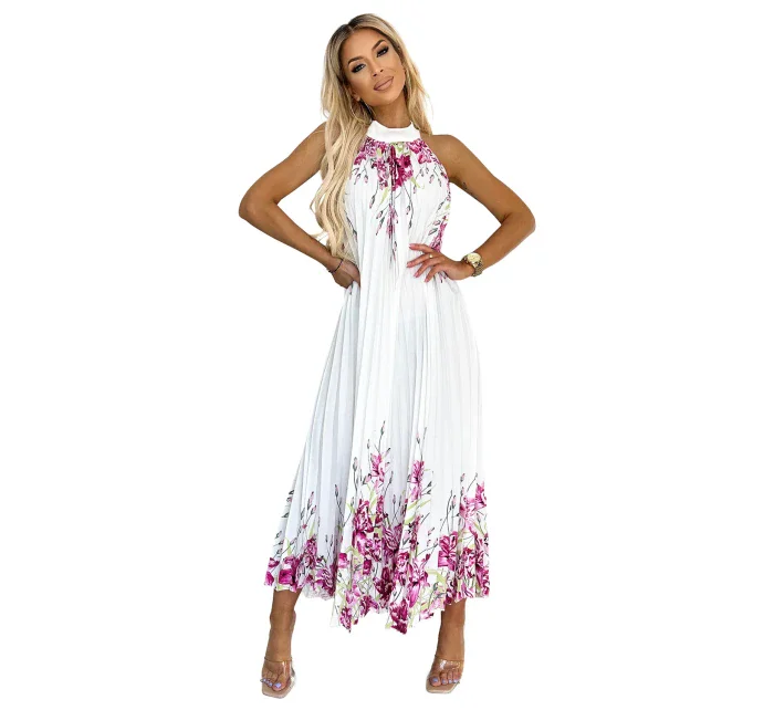 456-2 ESTER Plisované saténové maxi šaty - BÍLÉ S RŮŽOVÝMI KVĚTY