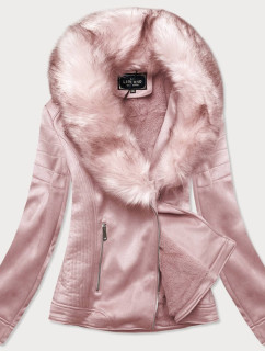 Dámská semišová bunda ramoneska v pudrově růžové barvě s kožešinou (6502BIG)