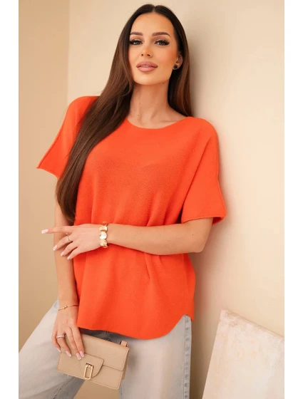 Dámský svetr s krátkým rukávem volného střihu oranžový