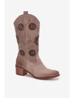 Semišové kožené dámské kozačky s vzorem  Cappuccino model 21713265 - Zazoo