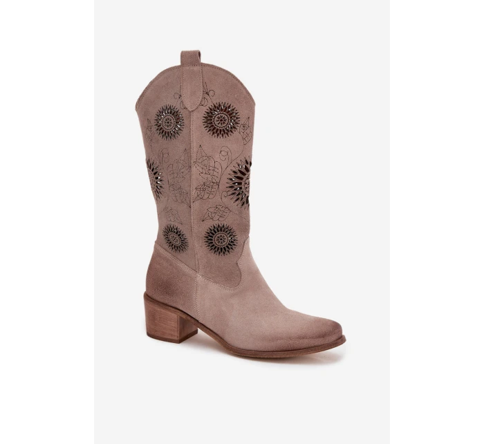 Semišové kožené dámské kozačky s vzorem  Cappuccino model 21713265 - Zazoo