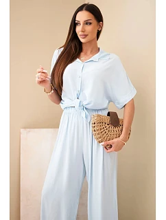 Dámský viskózový model 22185779 komplet se širokými kalhotami modrý - K-Fashion