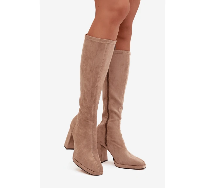 Dámské kozačky s na sloupkovém podpatku béžové model 21709502 - Boto