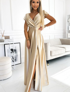 CRYSTAL - Dlouhé zlaté saténové dámské šaty s výstřihem 411-7